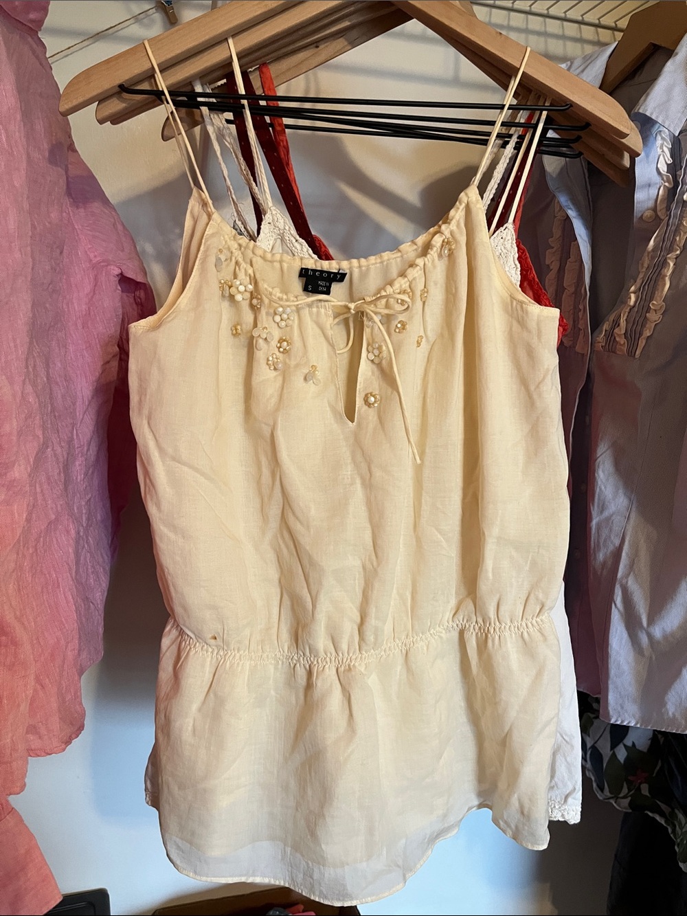 Theory Cream Linen Camisole with Bead Embellishment